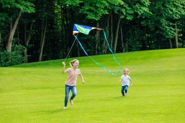 Братья и сестры играют с воздушным змеем в парке — стоковое фото