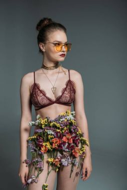 model posing in floral skirt clipart