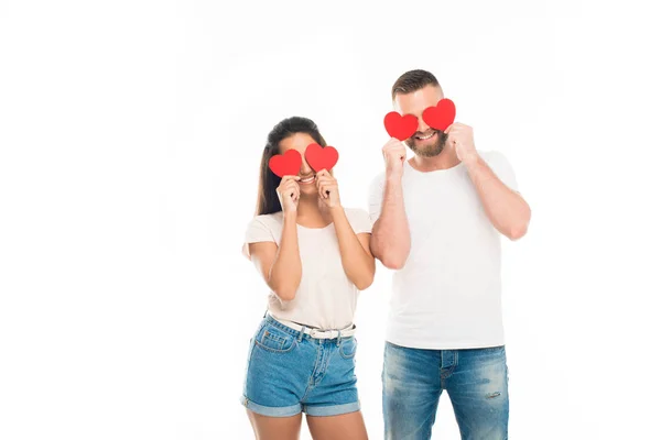 Couple with red hearts — Stock Photo, Image