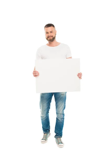 Homem barbudo com banner em branco — Fotografia de Stock
