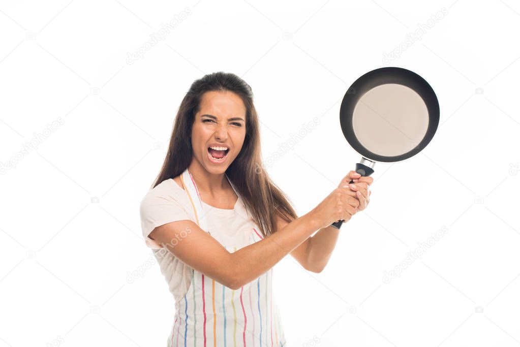 Yelling housewife with frying pan