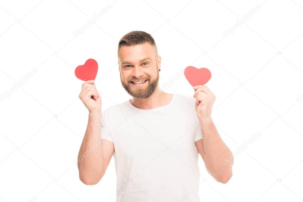 bearded man with red hearts