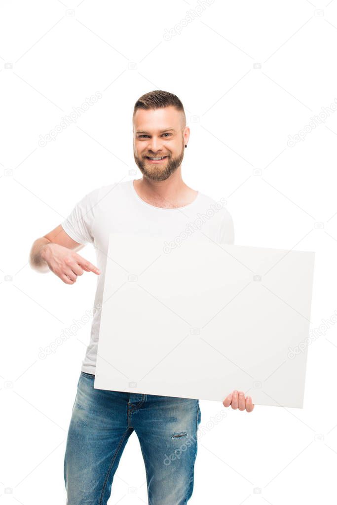 bearded man with blank banner