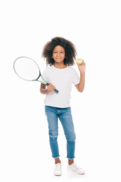 Africká americká dívka s tenisovou raketu — Stock fotografie