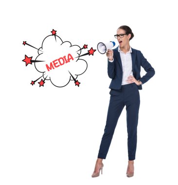 angry businesswoman screaming with megaphone clipart