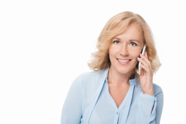 mature woman talking by phone clipart