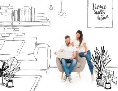 young couple using laptop clipart