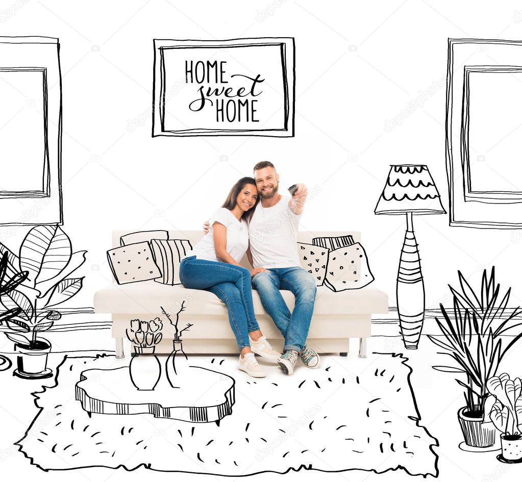 Young attractive couple watching tv and using remote control in cartoon flat