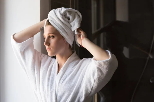 Girl with towel on head — Stock Photo, Image