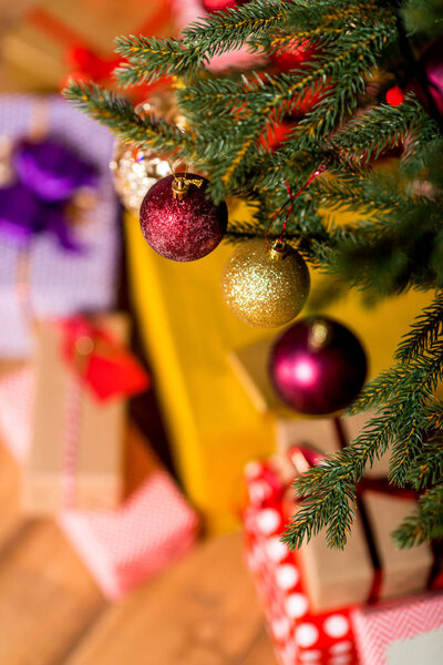 decorative balls hanging on christmas tree