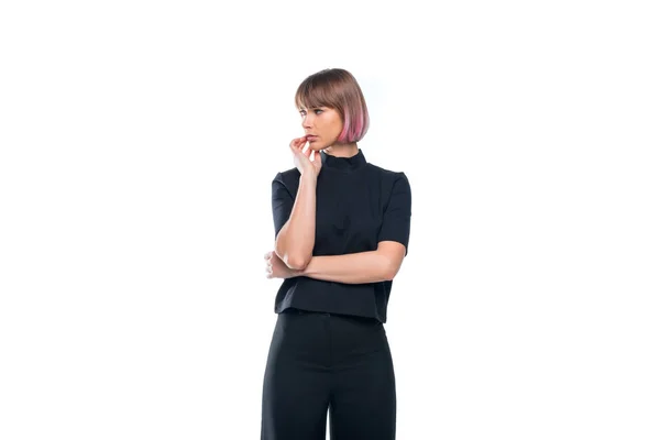 Pensive girl in black clothes — Free Stock Photo