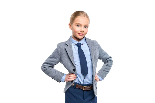 Smiling schoolgirl in suit — Stock Photo, Image