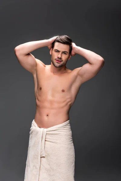 Man covering with towel after shower — Stock Photo, Image