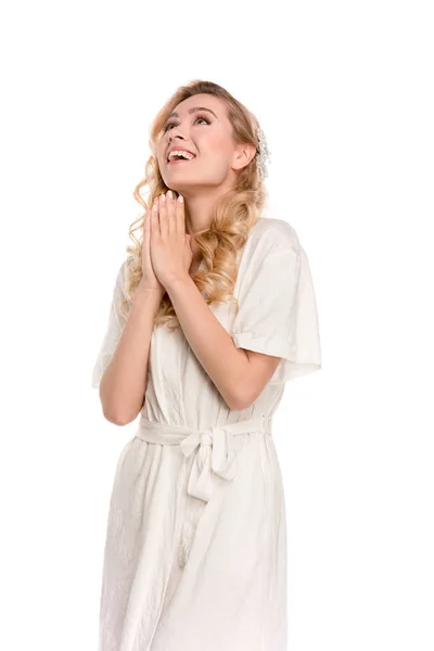 Mujer en bata rezando — Foto de Stock