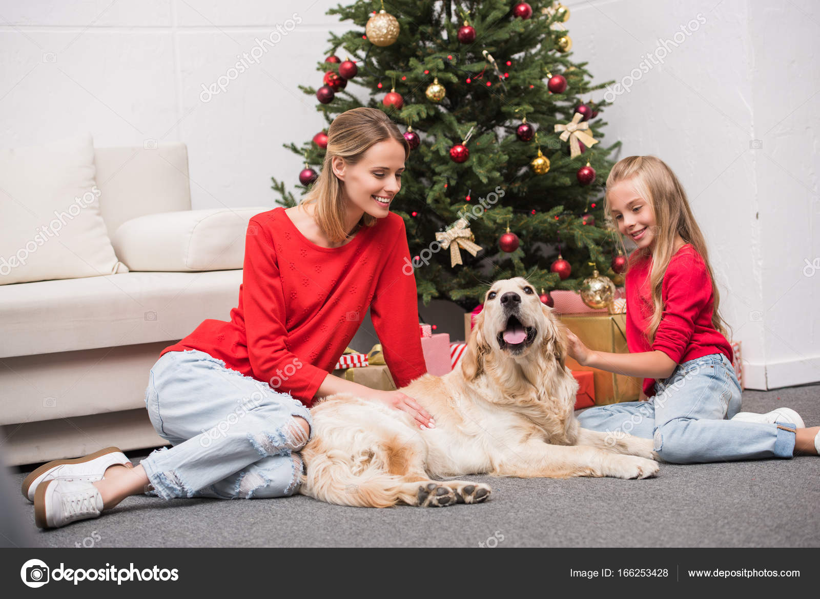Family with dog at christmas tree — Stock Photo © AllaSerebrina