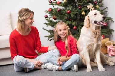 Anne, kızı ve köpek Noel ağacı