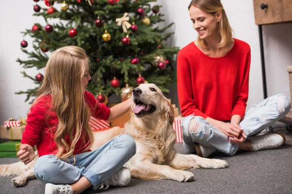 Familj med hund på christmastime — Stockfoto
