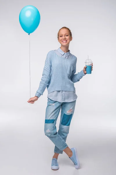 Girl with drink and balloon — Stock Photo, Image