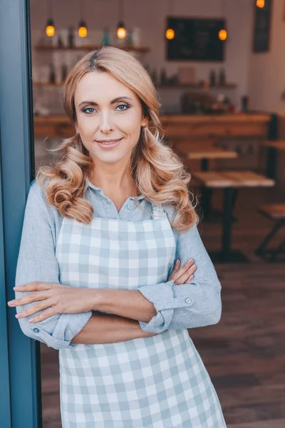 Beautiful cafe owner in apron — Stock Photo, Image