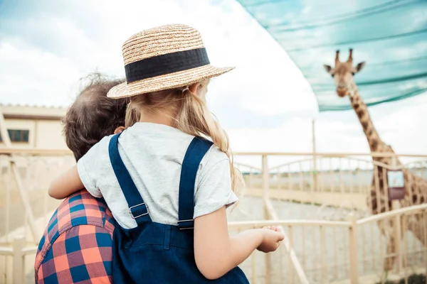 Família olhando para girafa no zoológico — Fotografia de Stock Grátis