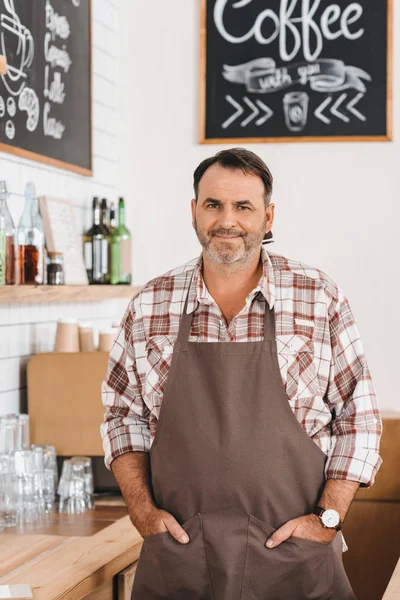 Bartender in apron at cafe — Stock Photo, Image
