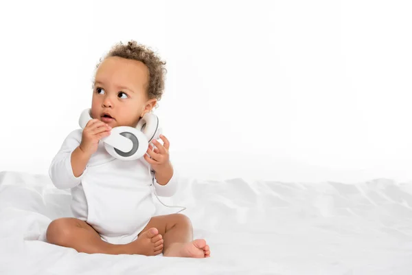 African american toddler with headphones — Stock Photo, Image