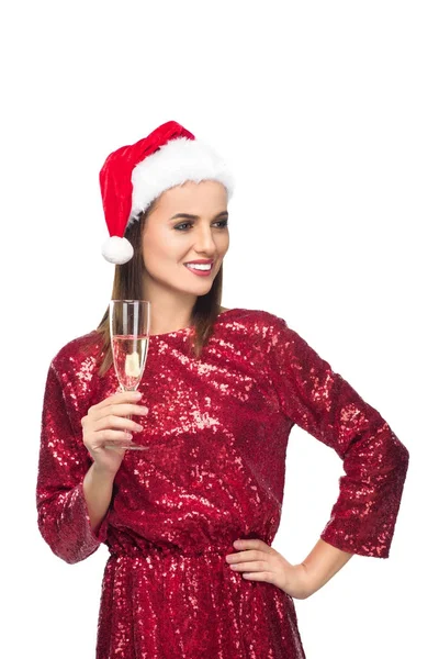 샴페인과 산타 모자에 있는 여자 — 무료 스톡 포토