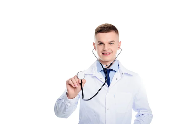 Dokter in witte vacht met stethoscoop — Stockfoto