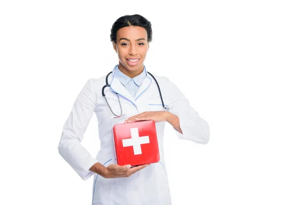 African american doctor with first aid kit — Stock Photo, Image