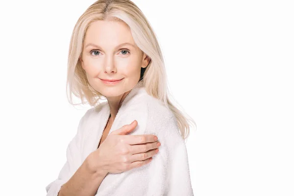 Mature woman in bath robe — Stock Photo, Image