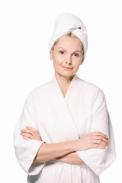 Mature woman in bath robe — Stock Photo, Image