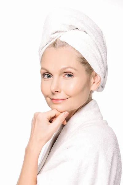 Mature woman in bath robe — Stock Photo, Image