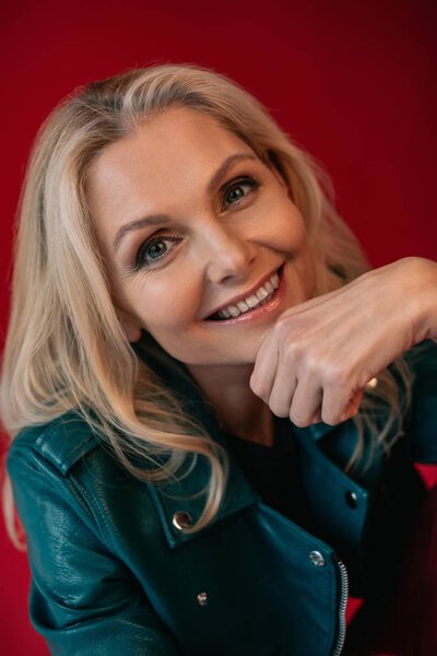 woman in leather jacket