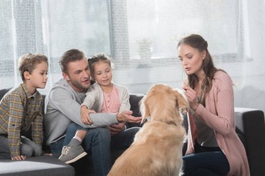 oturma odasında köpekle oynayan aile