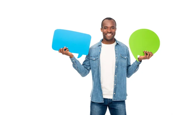 Man holding speech bubbles — Stock Photo, Image