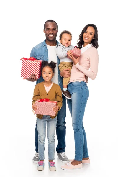 Happy african american family with gifts — Stock Photo, Image