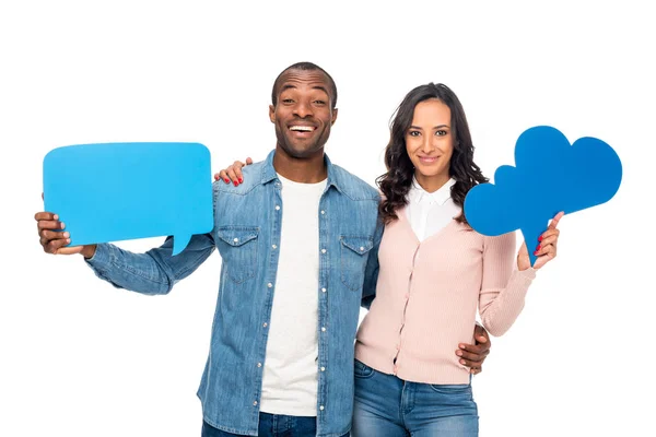 African american couple with speech bubbles — Stock Photo, Image