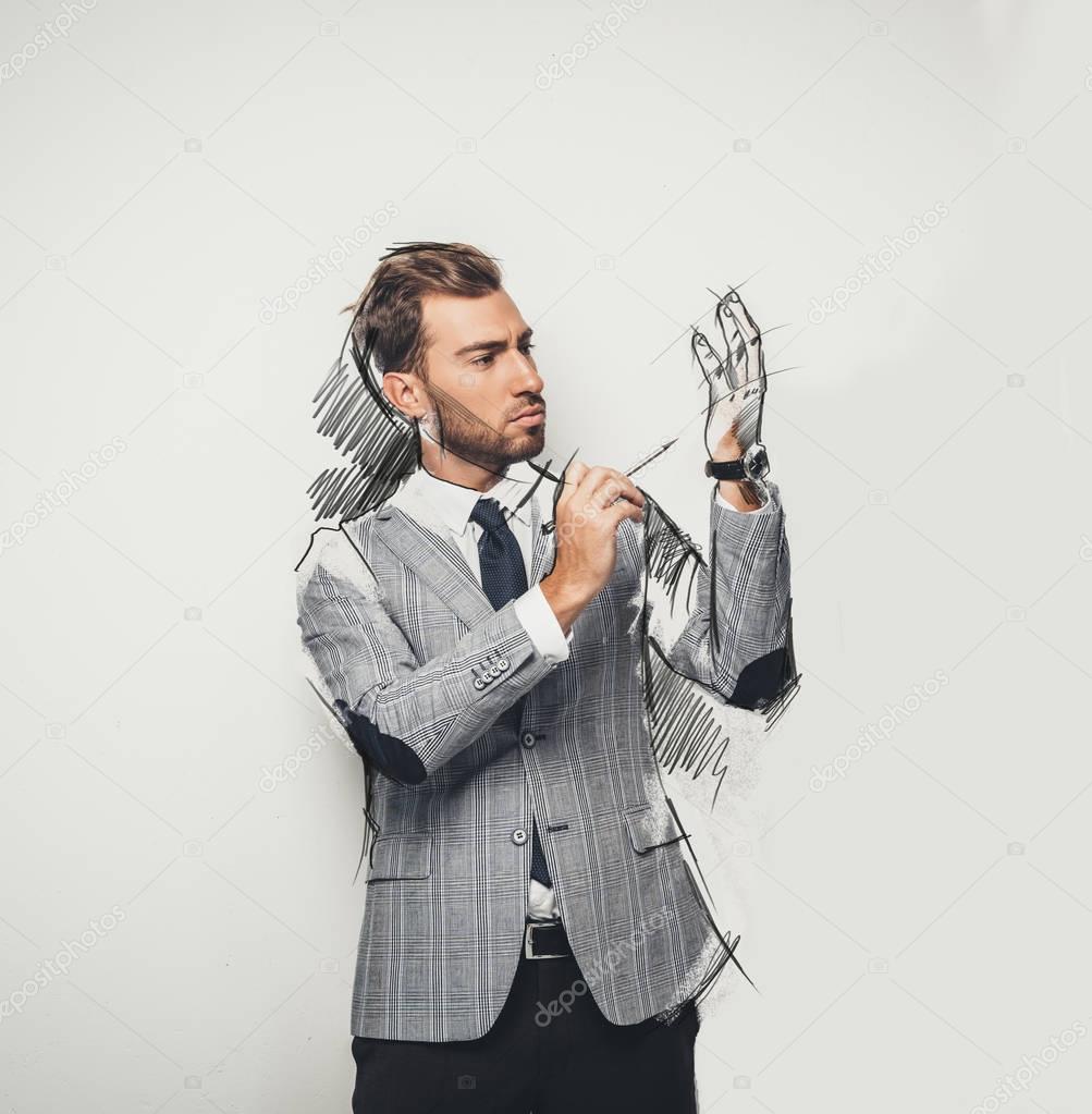 businessman drawing himself with pencil