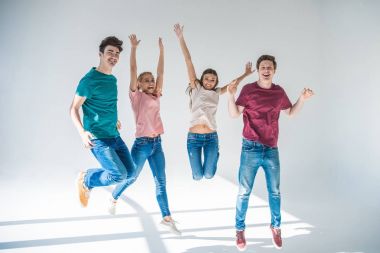 young people jumping together  clipart