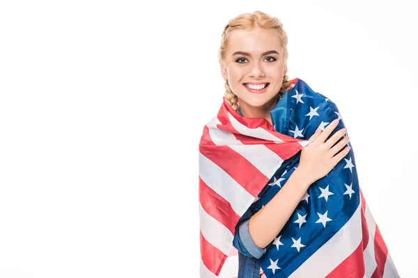 Jonge vrouw met ons vlag — Stockfoto