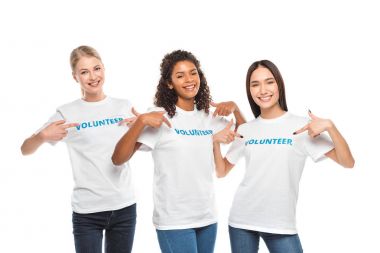 volunteers pointing at signs on t-shirts clipart