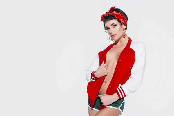 Menina sexy em jaqueta bomber — Fotografia de Stock