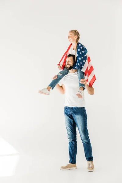 Padre e hija con bandera americana —  Fotos de Stock