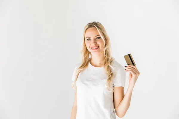 신용 카드와 함께 젊은 여성 — 스톡 사진