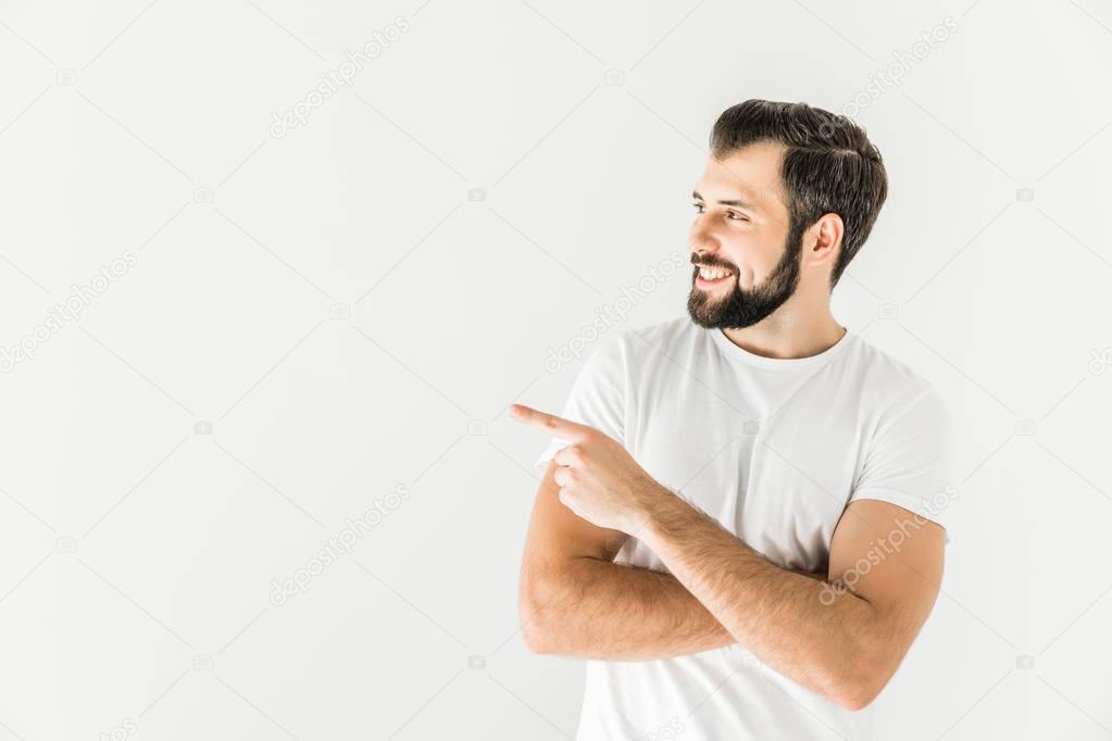 man pointing away with finger