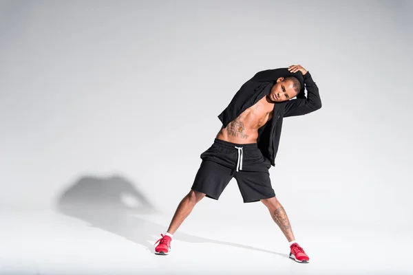 Full Length View Handsome Young African American Sportsman Stretching Looking — Stock Photo, Image