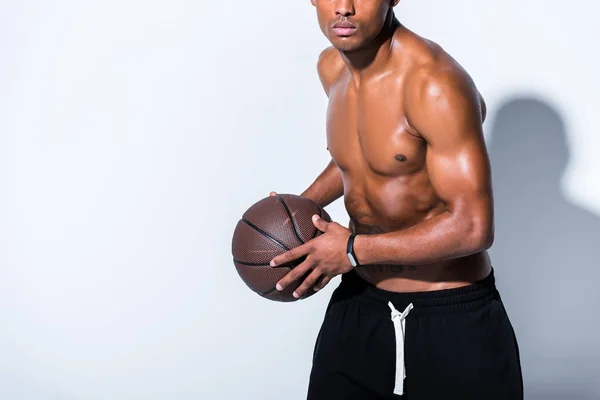 Cropped Shot Shirtless African American Man Holding Basketball Ball Grey — Stock Photo, Image