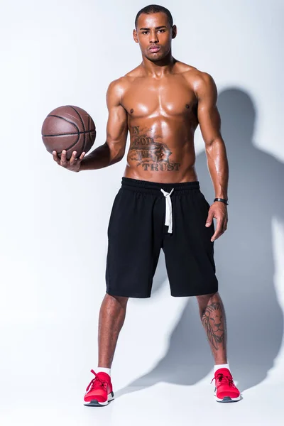 Full Length View Athletic Shirtless African American Man Basketball Ball — Stock Photo, Image