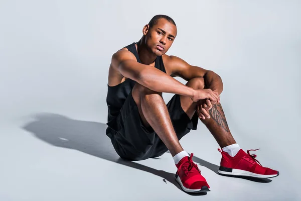 Young African American Sportsman Sitting Grey — Stock Photo, Image