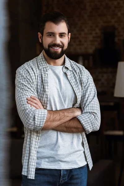 Young Smiling Attractive Man Crossing Arms Posing Camera — Stock Photo, Image